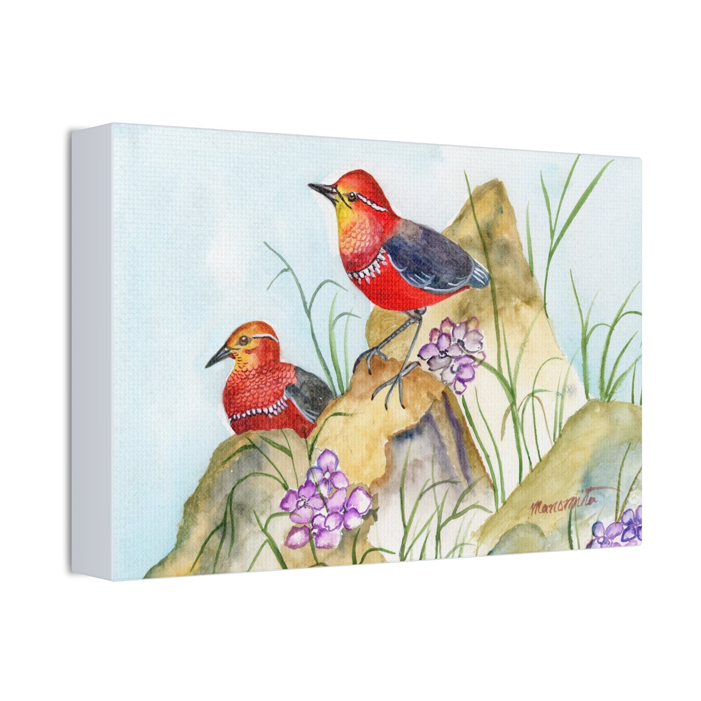 Two Tiny Tweets Watercolor Print Stretched Canvas