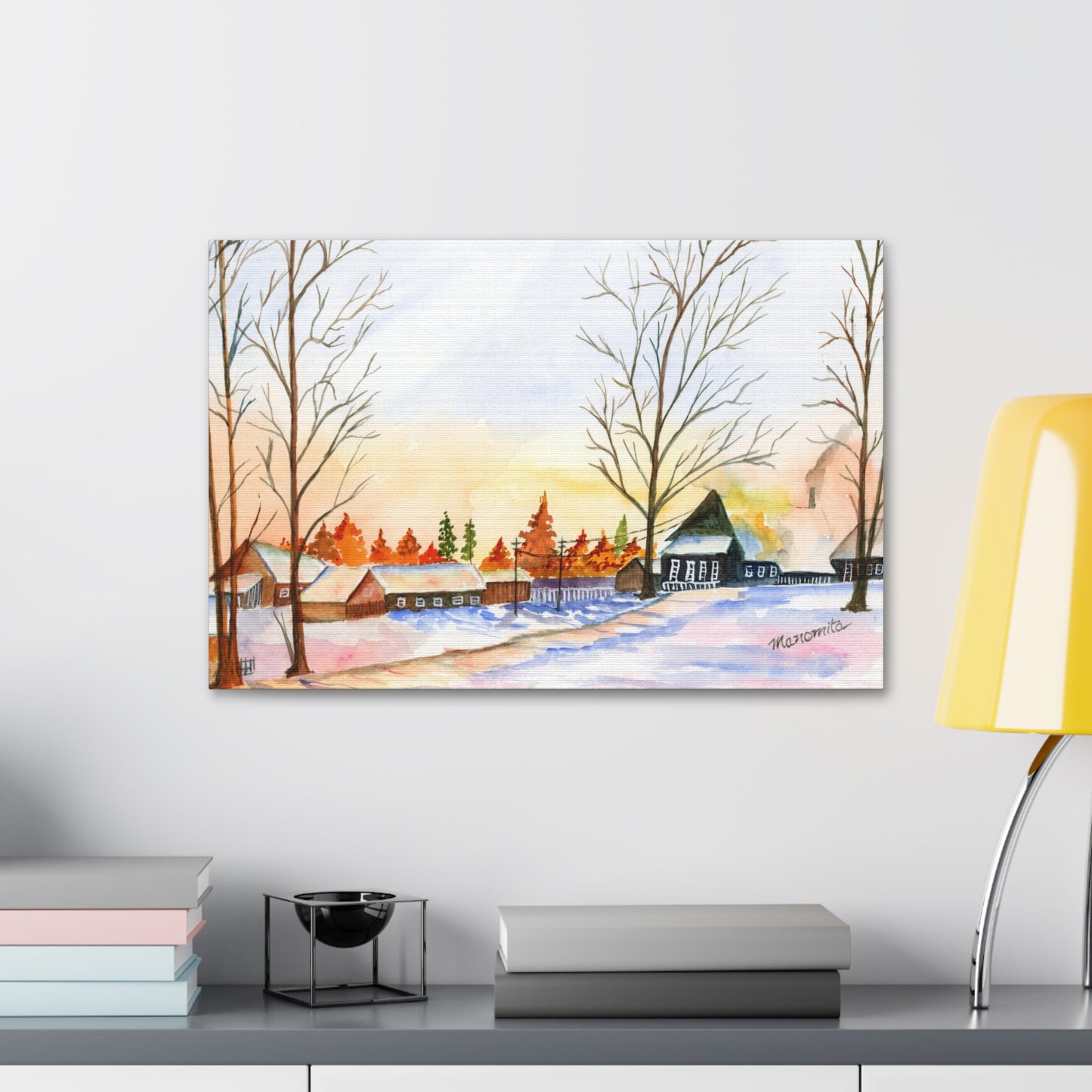 Winter Night Watercolor Stretched Canvas