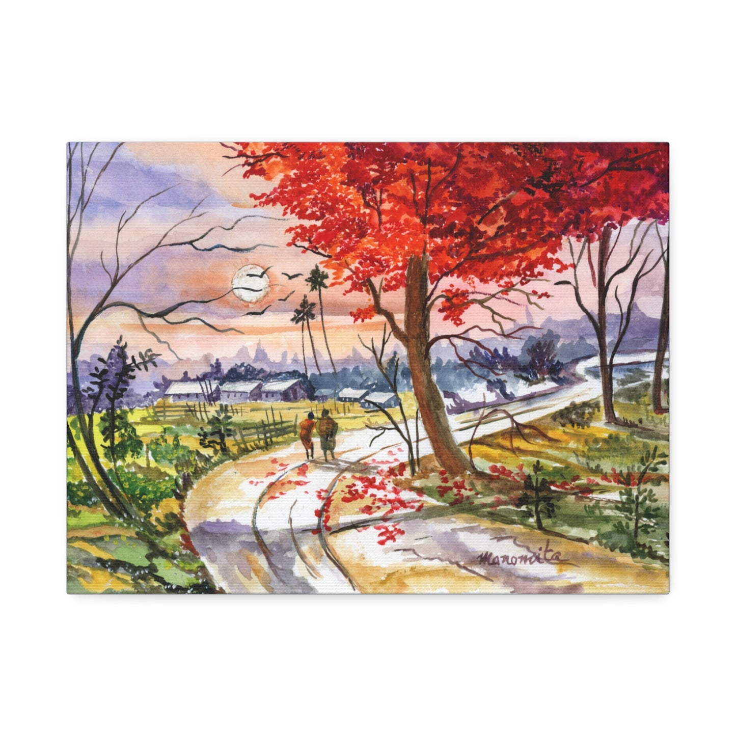 Watercolor Fall Stroll Print Stretched Canvas