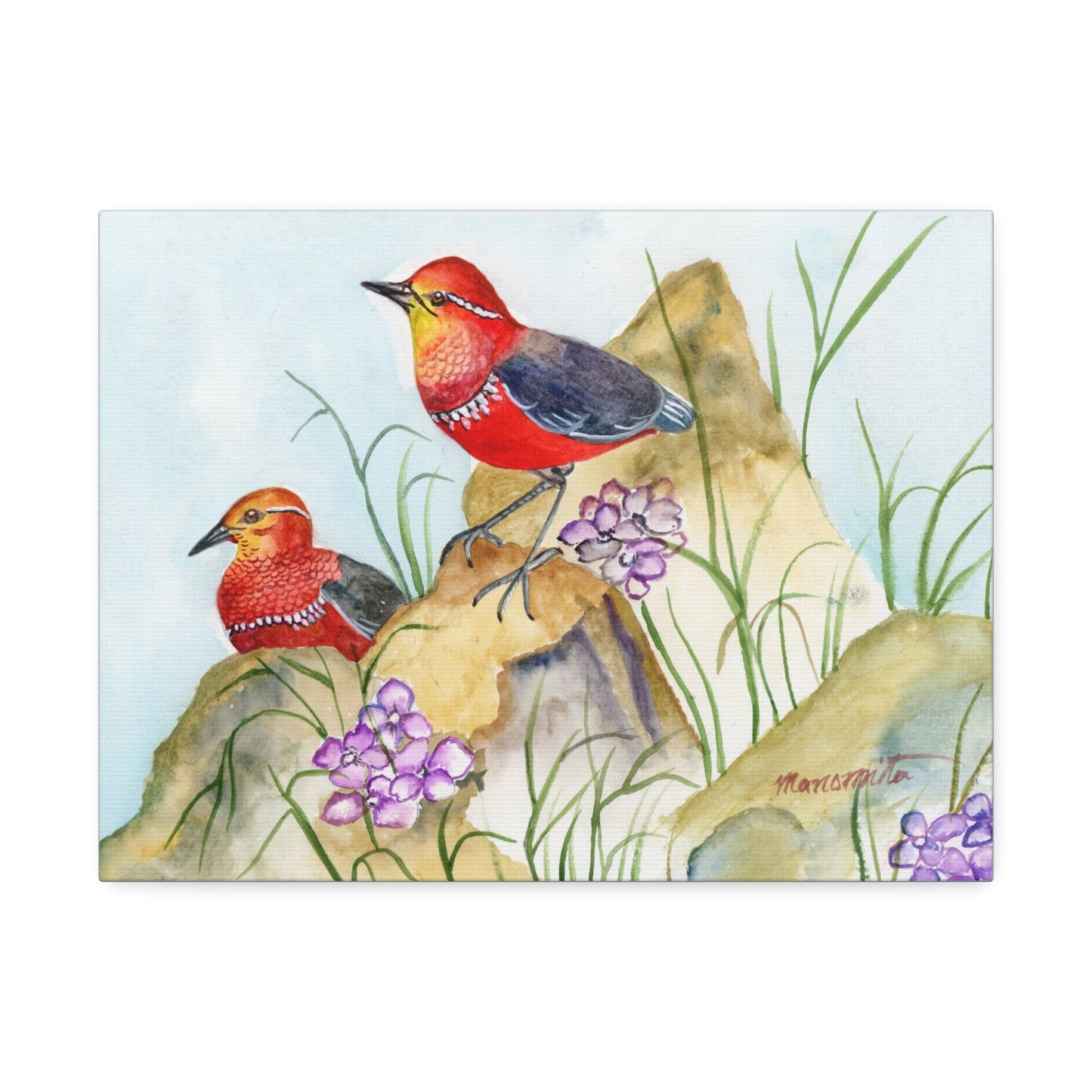 Two Tiny Tweets Watercolor Print Stretched Canvas