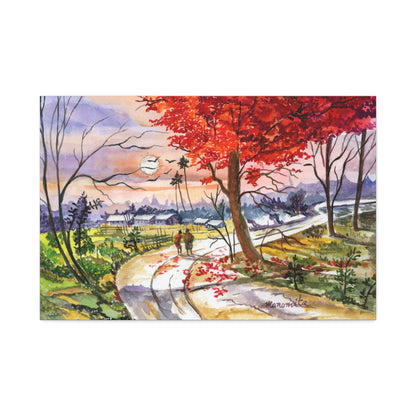 Watercolor Fall Stroll Print Stretched Canvas