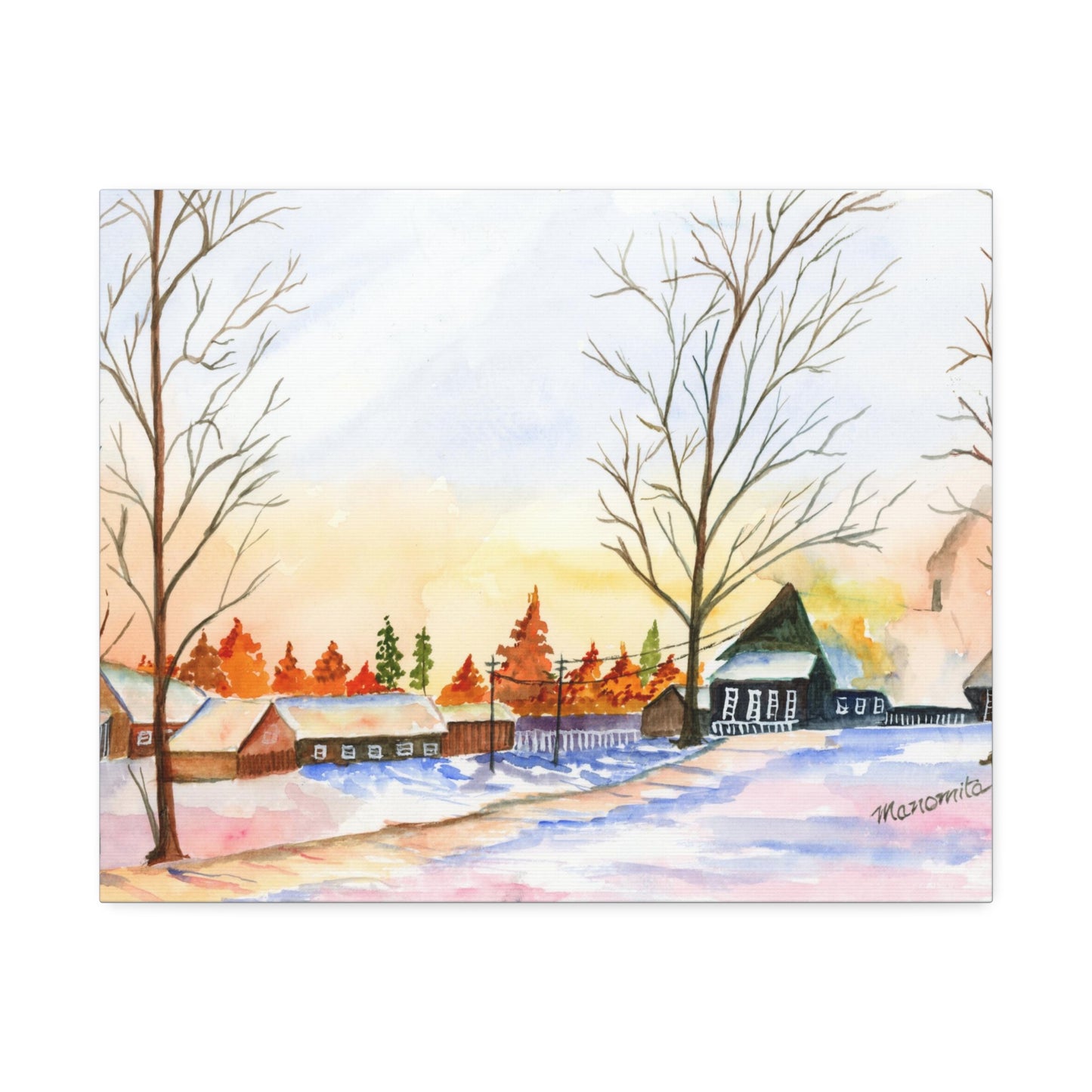 Winter Night Watercolor Stretched Canvas