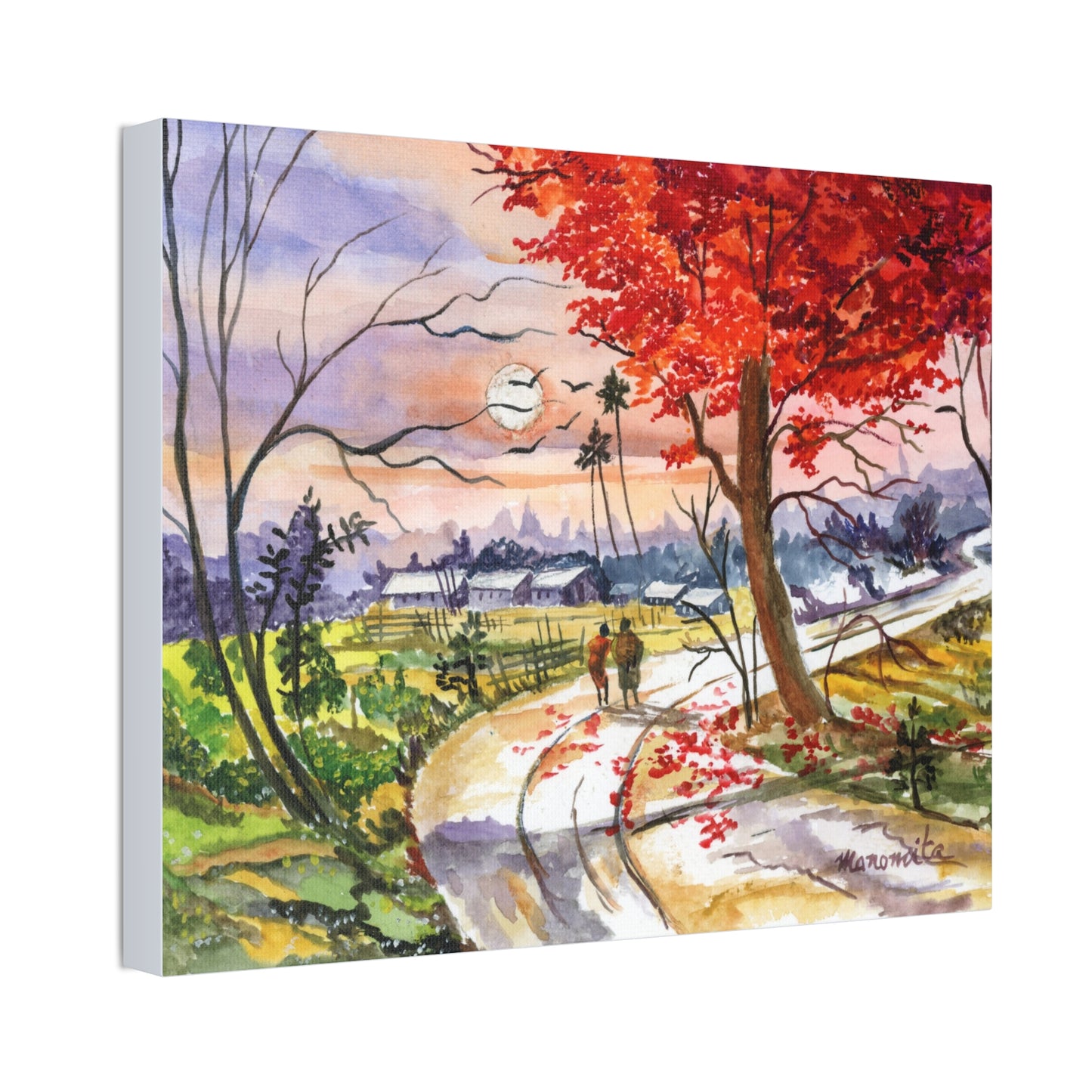 Watercolor Fall Stroll Print Stretched Canvas