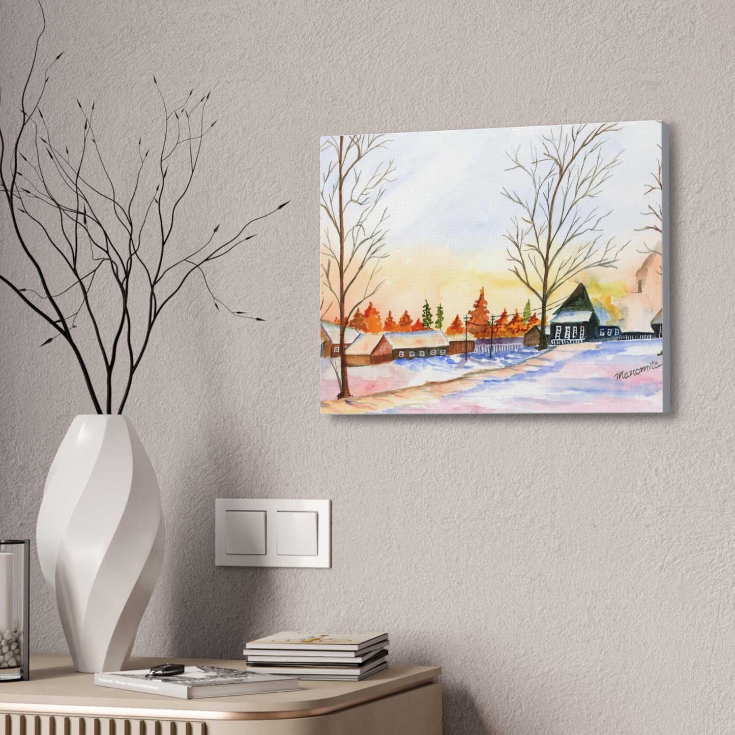 Winter Night Watercolor Stretched Canvas