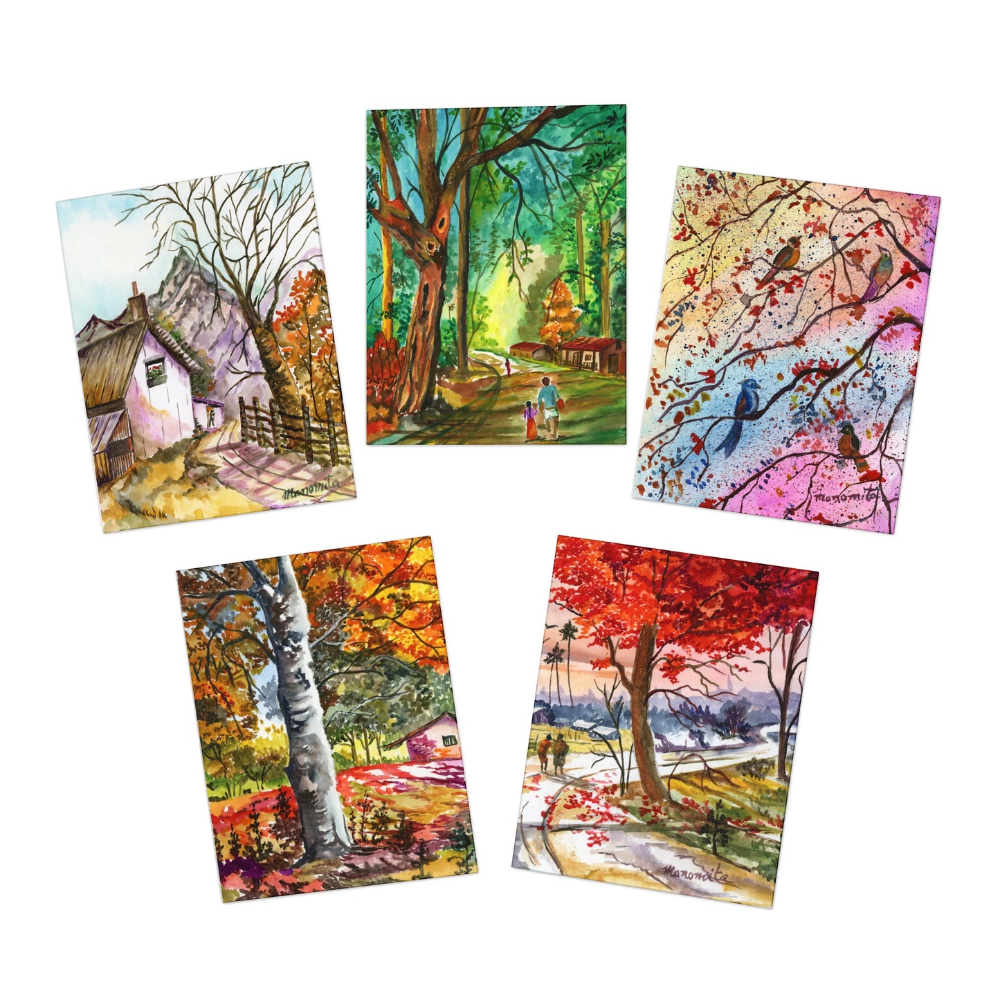 Fall Foliage Watercolor Printed Greeting Cards - 5 Design Set