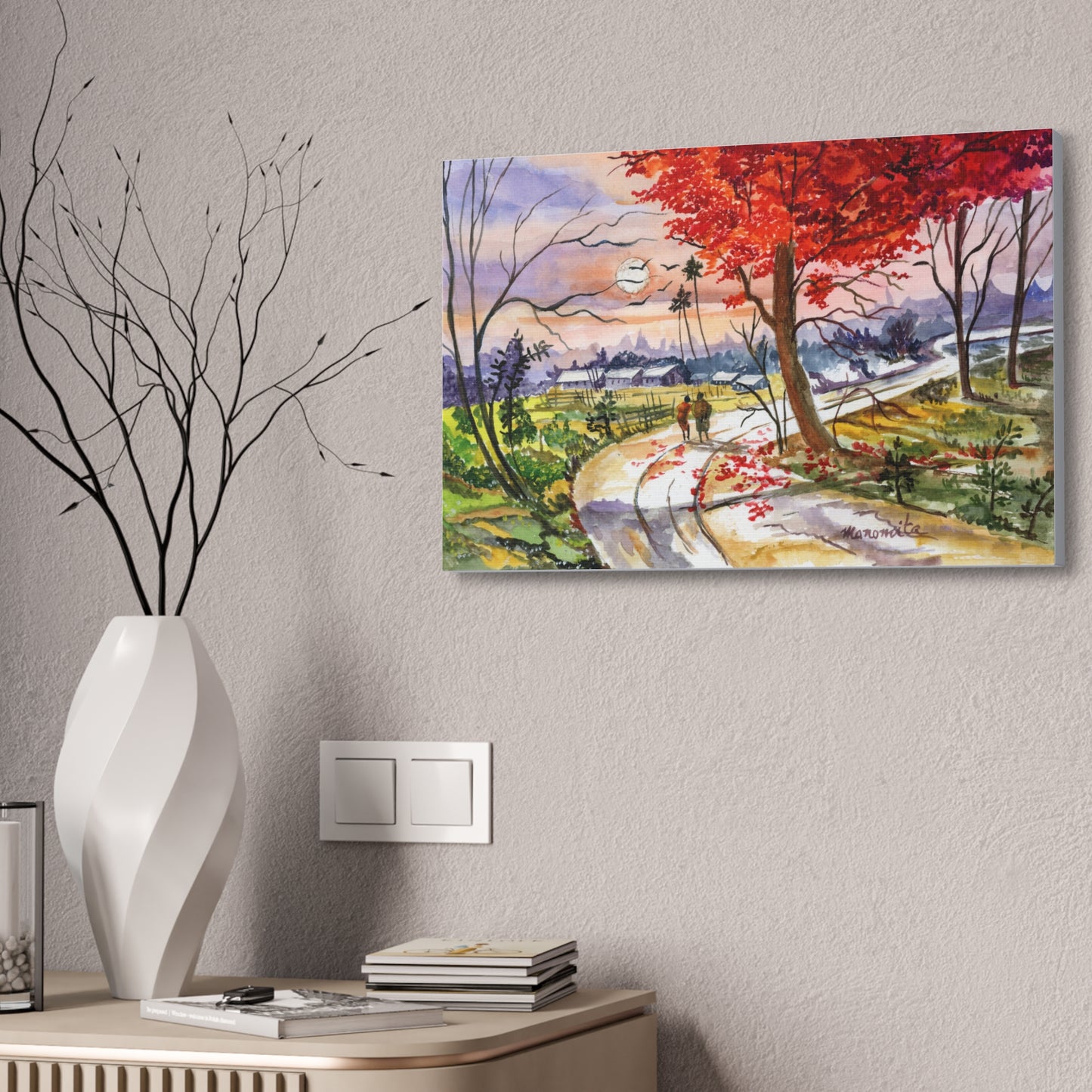 Watercolor Fall Stroll Print Stretched Canvas