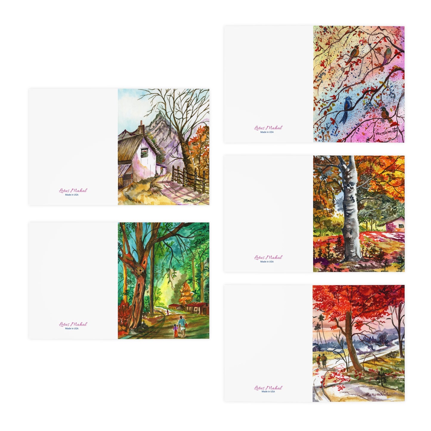 Fall Foliage Watercolor Printed Greeting Cards - 5 Design Set