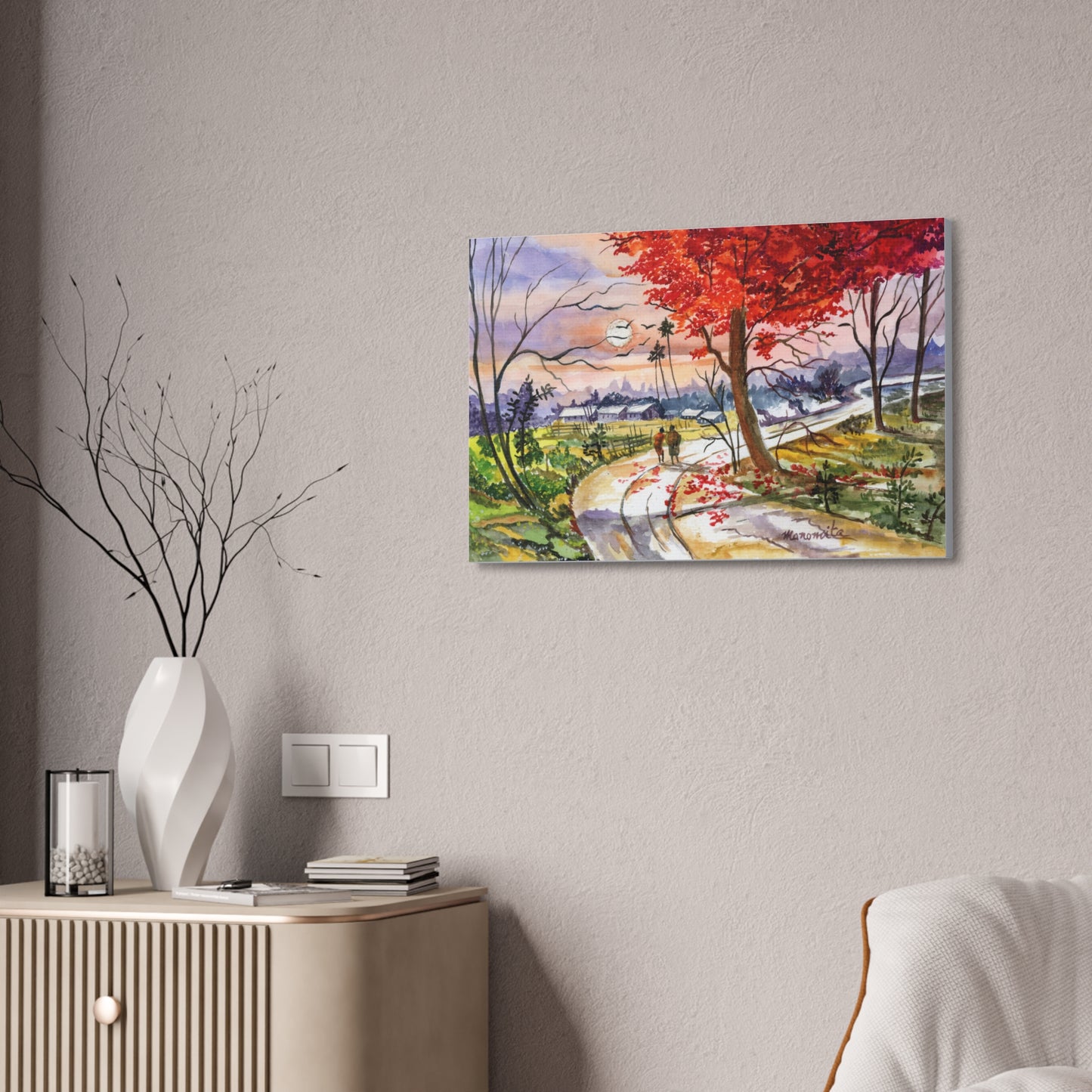 Watercolor Fall Stroll Print Stretched Canvas