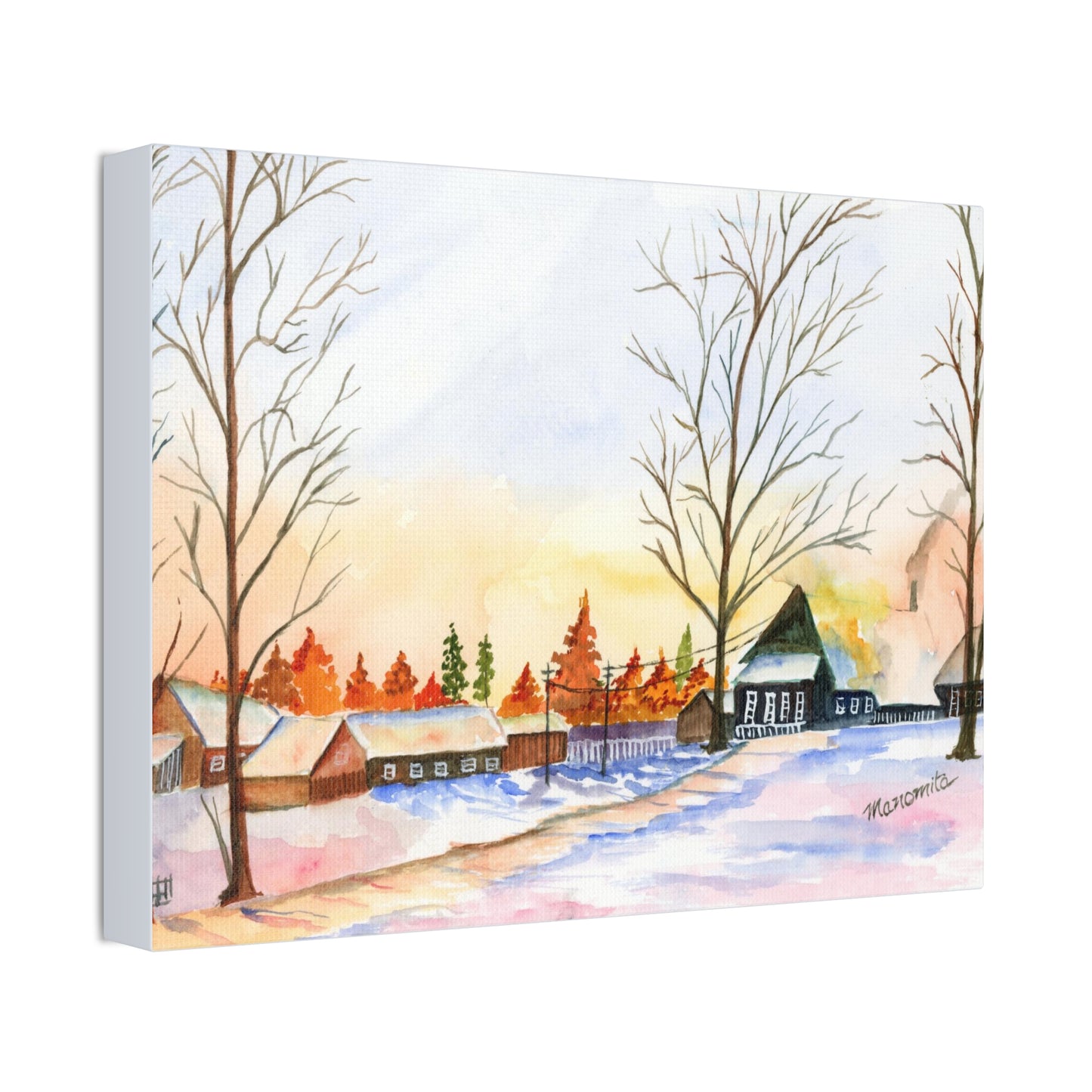 Winter Night Watercolor Stretched Canvas