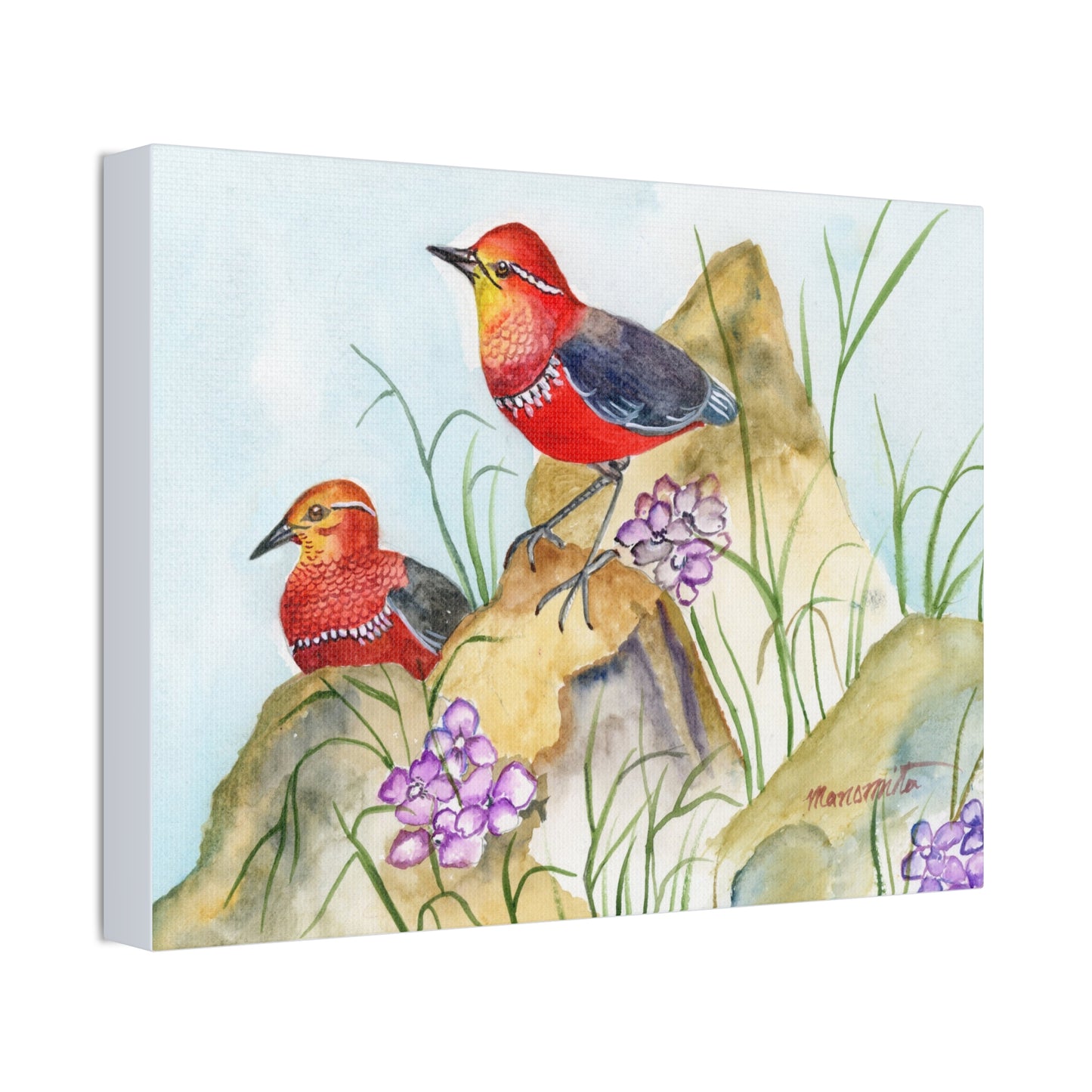 Two Tiny Tweets Watercolor Print Stretched Canvas