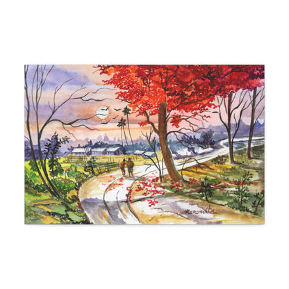 Watercolor Fall Stroll Print Stretched Canvas