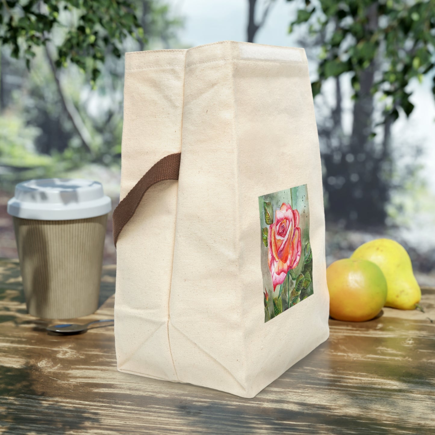 Reusable Garden Rose Canvas Lunch Bag With Strap