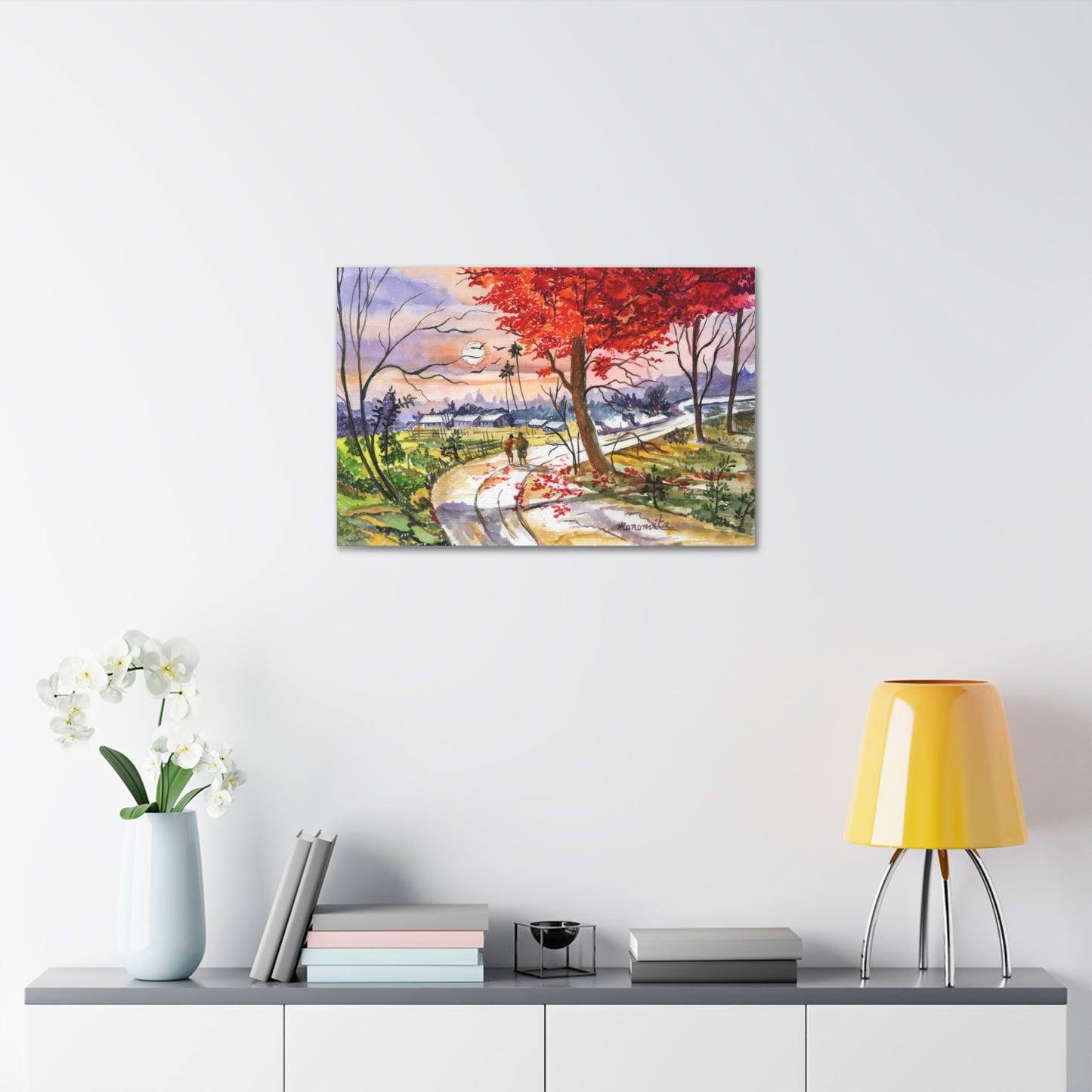 Watercolor Fall Stroll Print Stretched Canvas