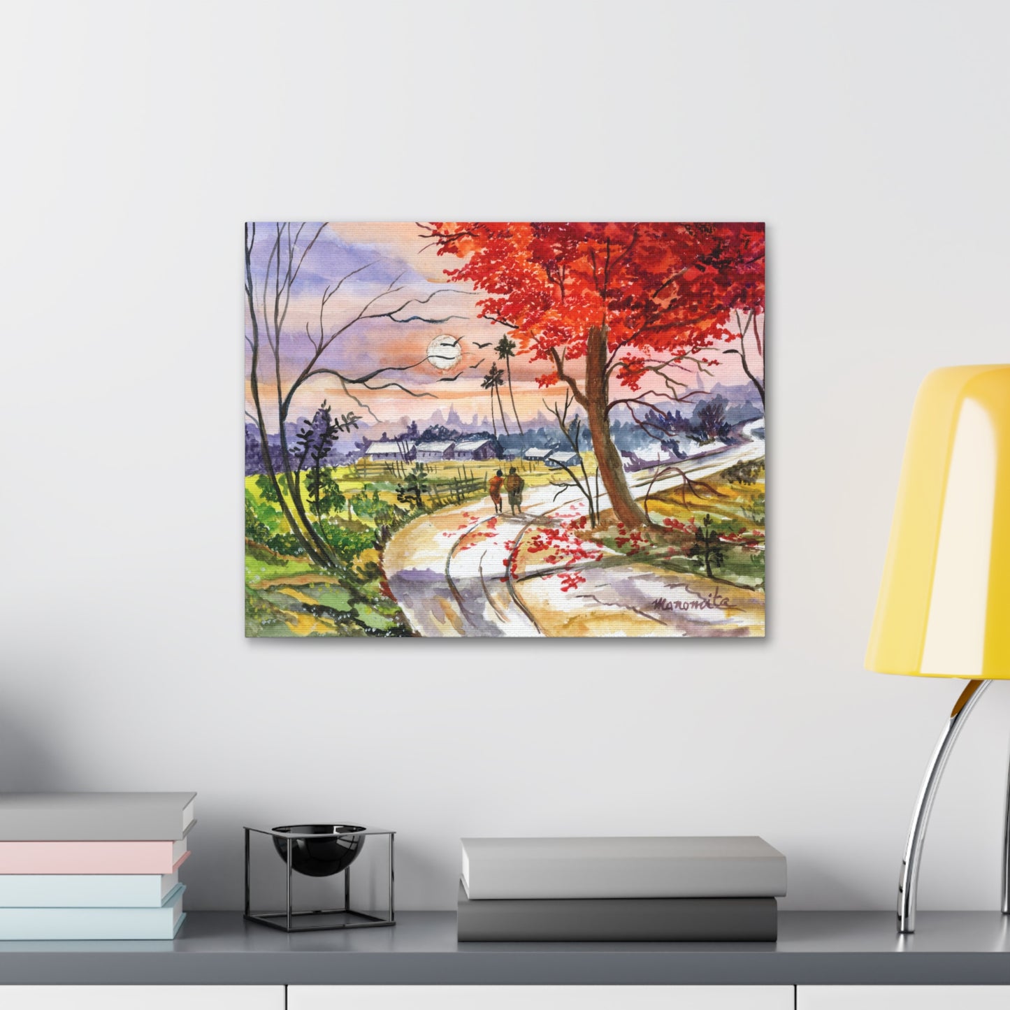 Watercolor Fall Stroll Print Stretched Canvas