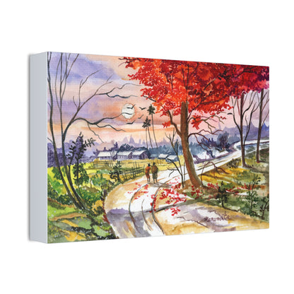 Watercolor Fall Stroll Print Stretched Canvas