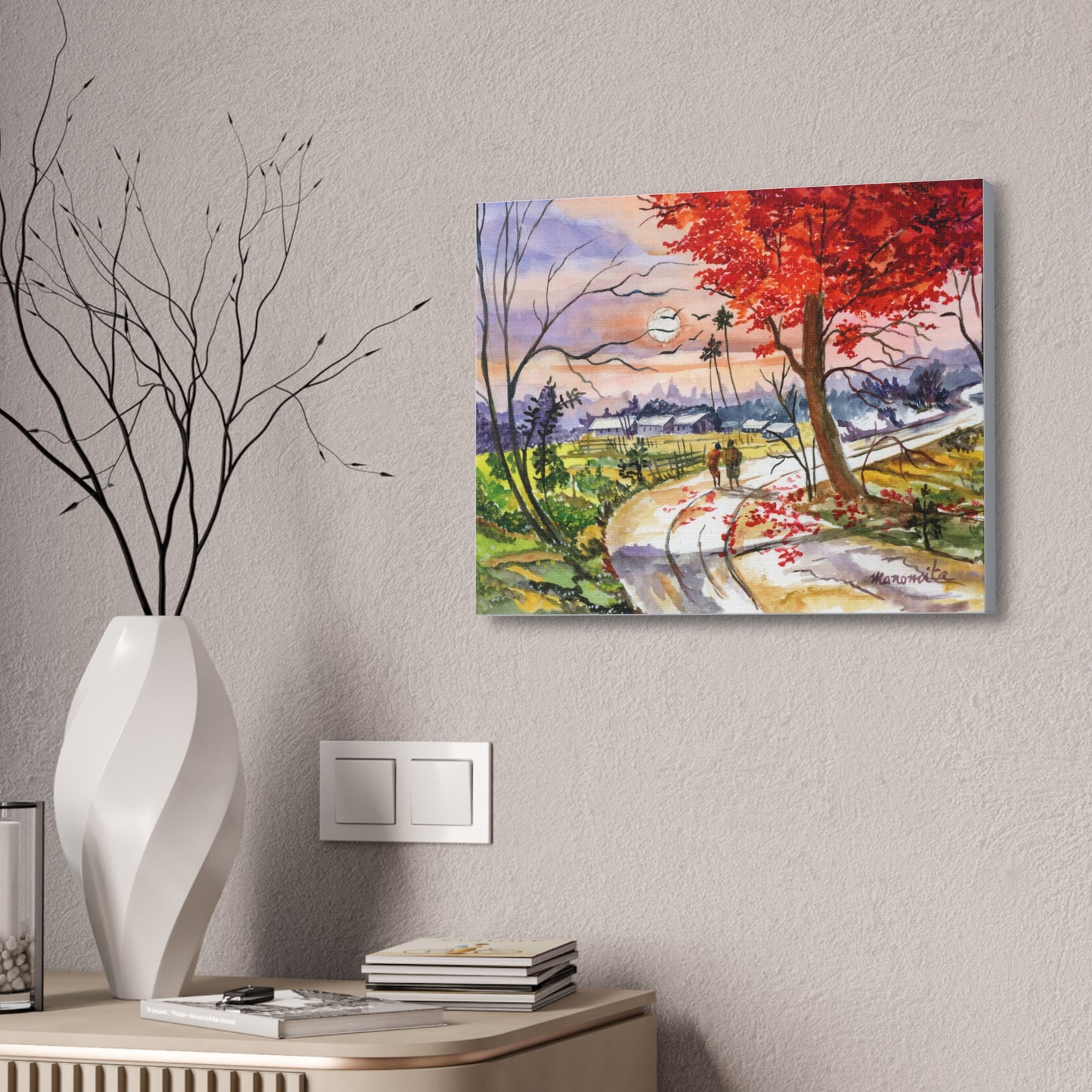 Watercolor Fall Stroll Print Stretched Canvas