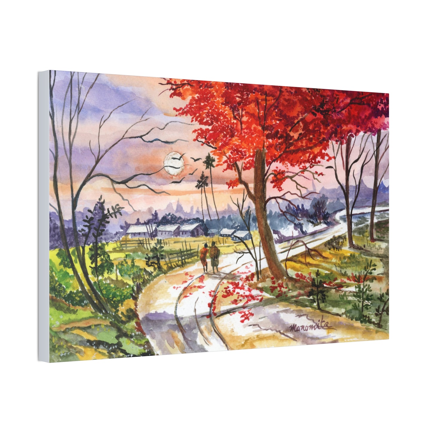 Watercolor Fall Stroll Print Stretched Canvas