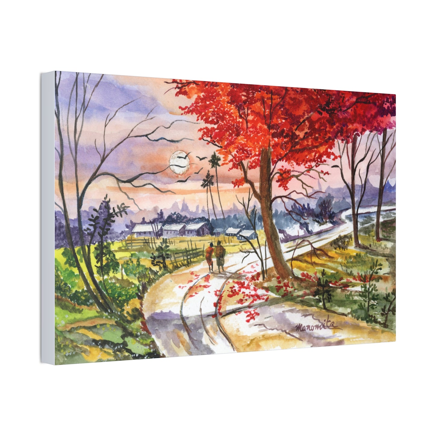 Watercolor Fall Stroll Print Stretched Canvas