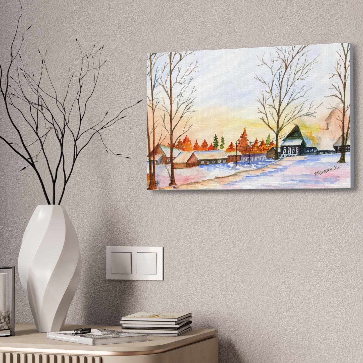 Winter Night Watercolor Stretched Canvas