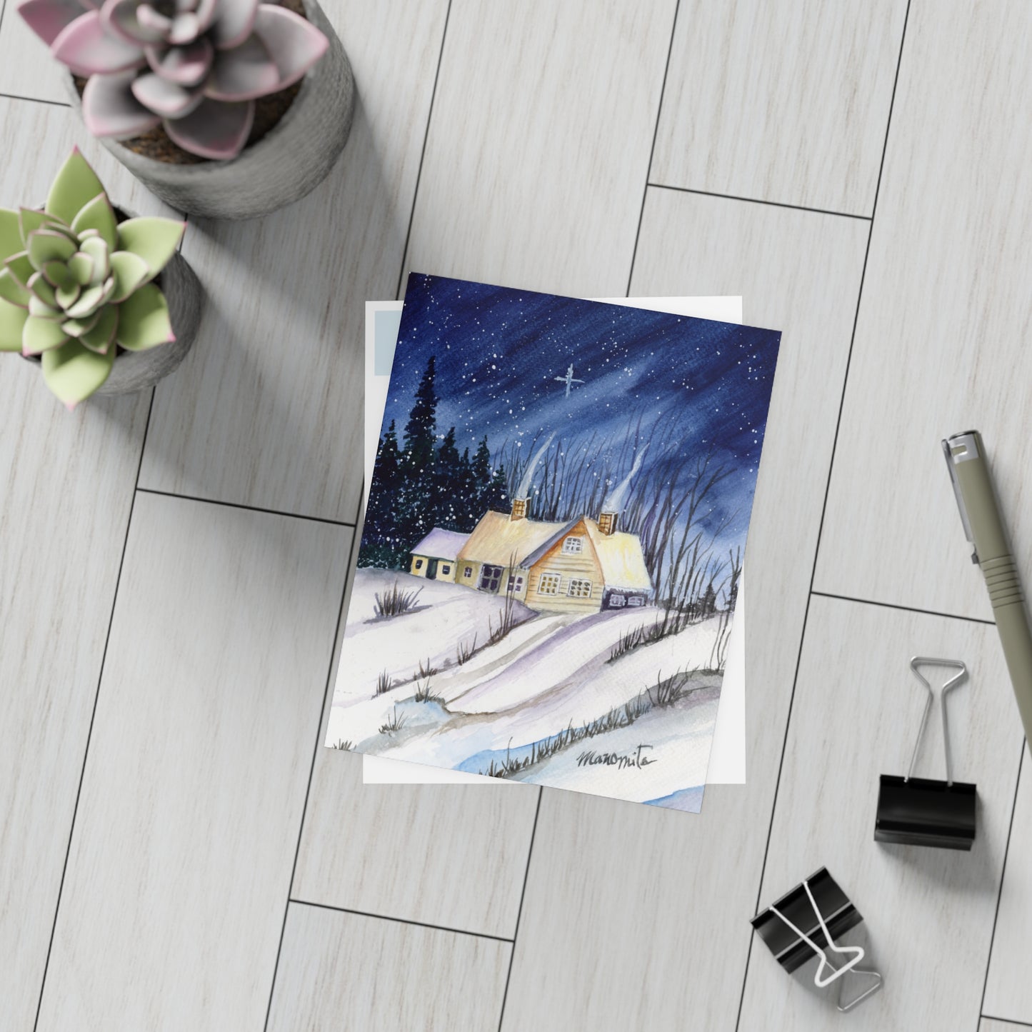 Warm Winter Watercolor Postcard