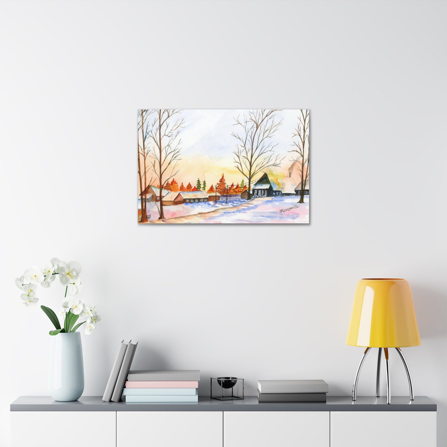 Winter Night Watercolor Stretched Canvas