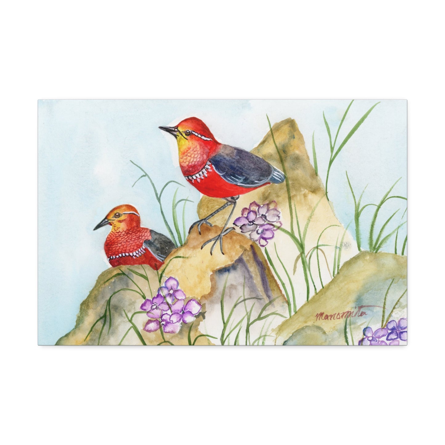 Two Tiny Tweets Watercolor Print Stretched Canvas