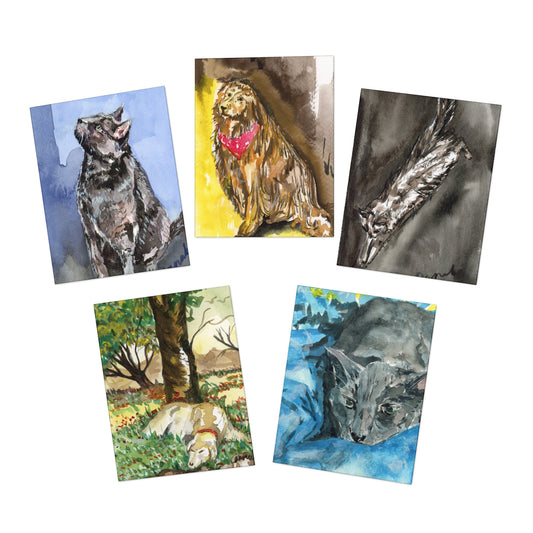 Raining Cats and Dogs Watercolor Greeting Cards - 5-Design Set