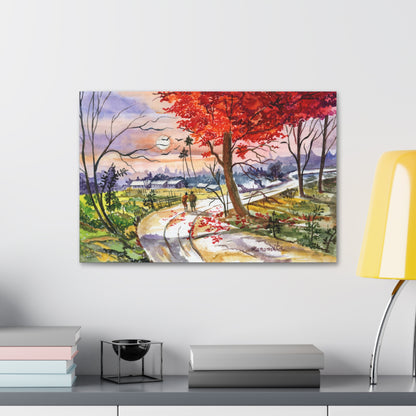 Watercolor Fall Stroll Print Stretched Canvas