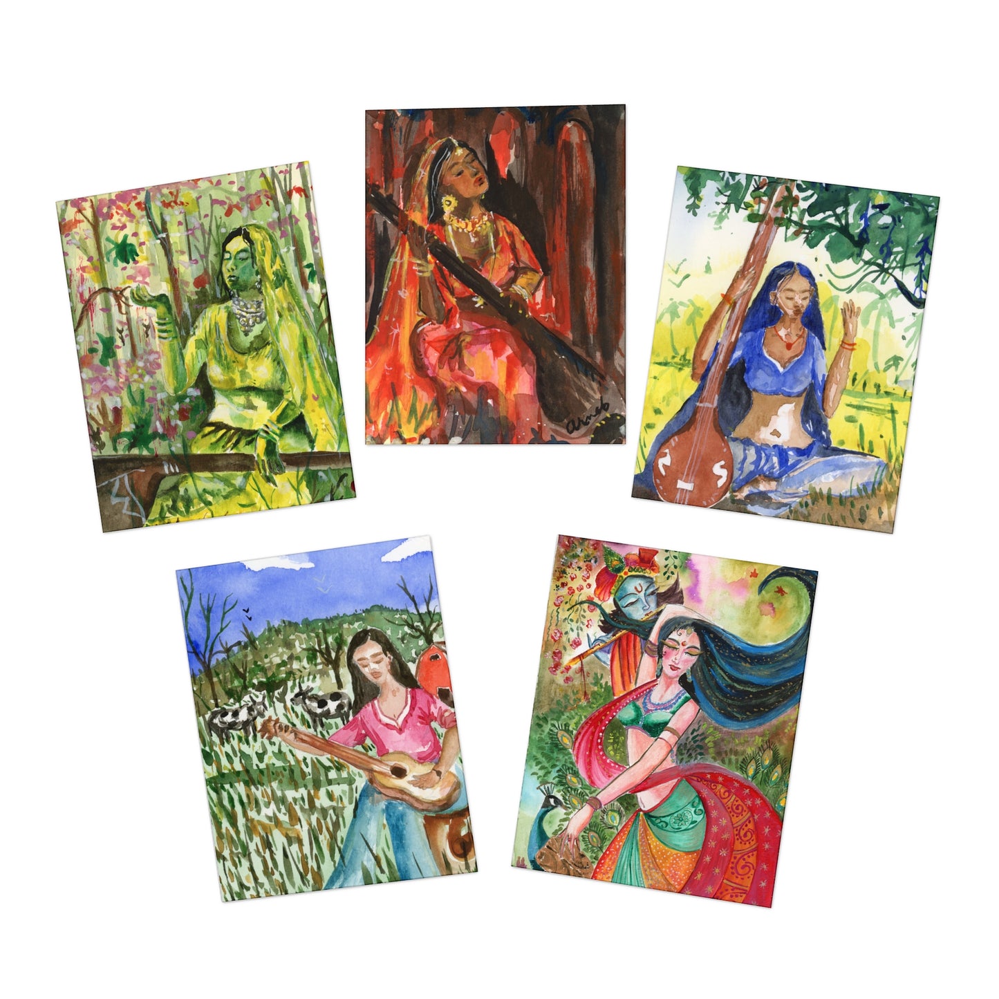 The Women of Bhakti Watercolor Printed Greeting Cards - 5 Design Set