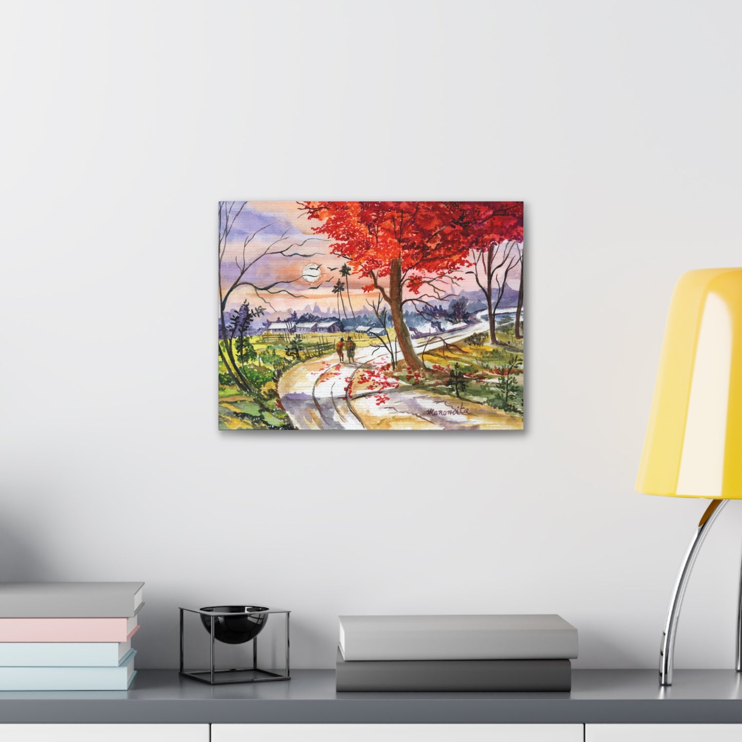 Watercolor Fall Stroll Print Stretched Canvas